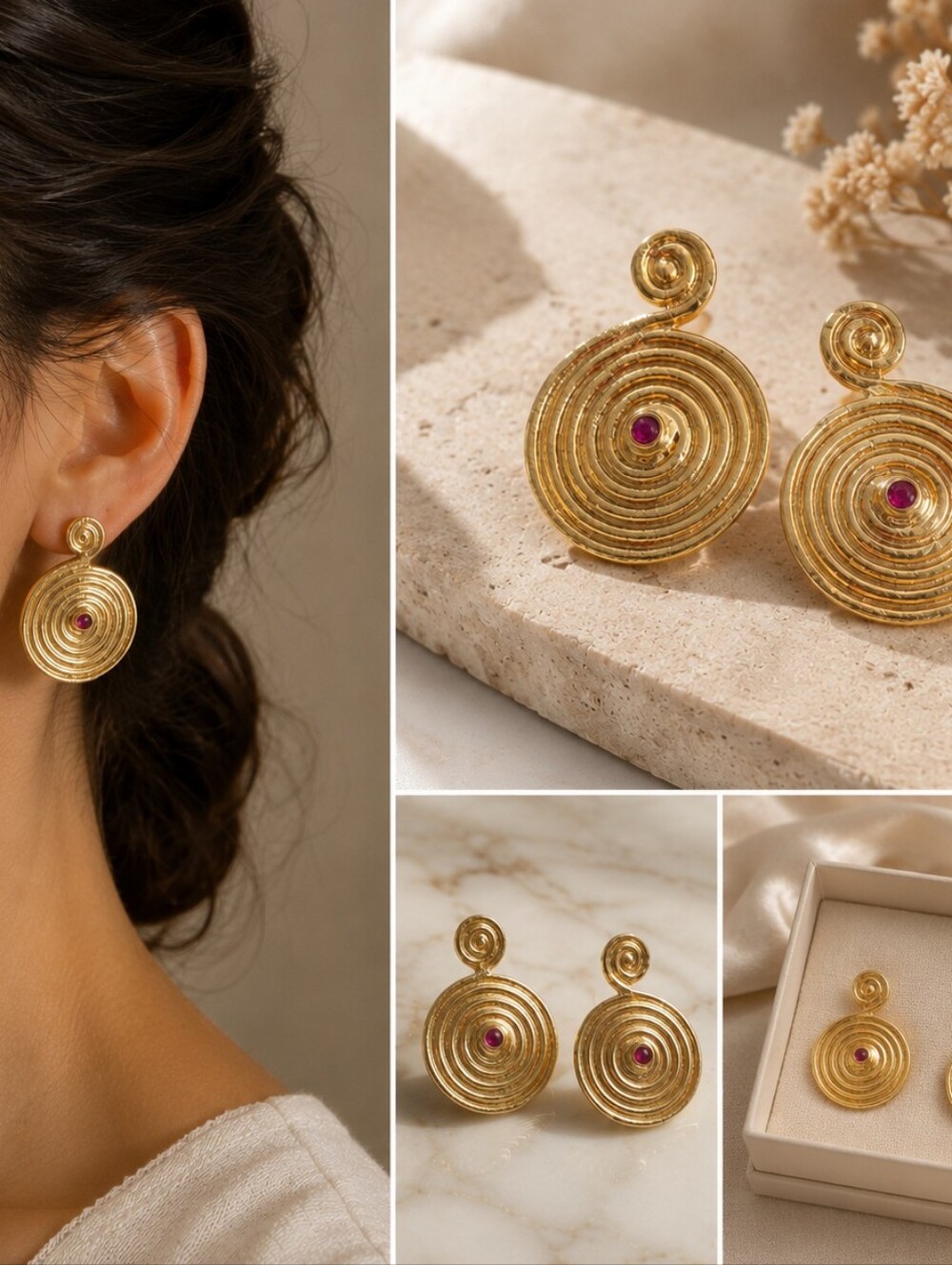 24K Gold Plated Spiral Earrings, Pink Zircon Statement Studs